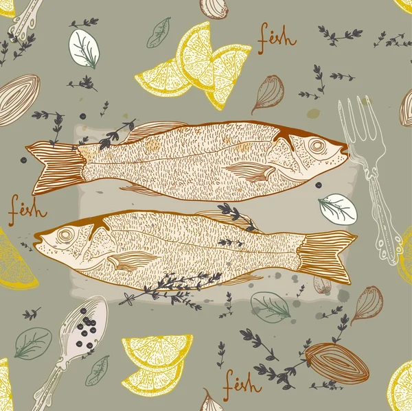 Fond sans couture avec plat de poisson — Image vectorielle