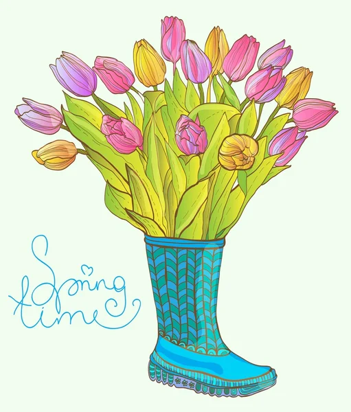 Tulipanes coloridos en la bota — Vector de stock