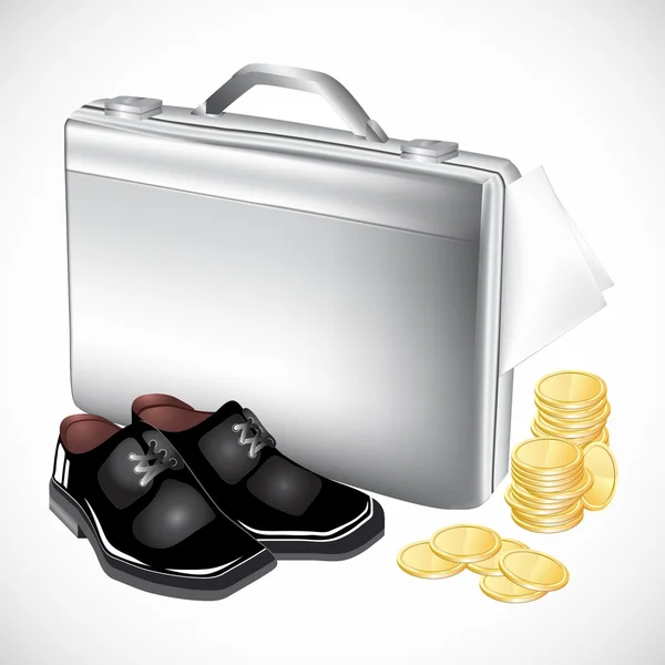 Silver briefcase with boots and coins — Stock Vector