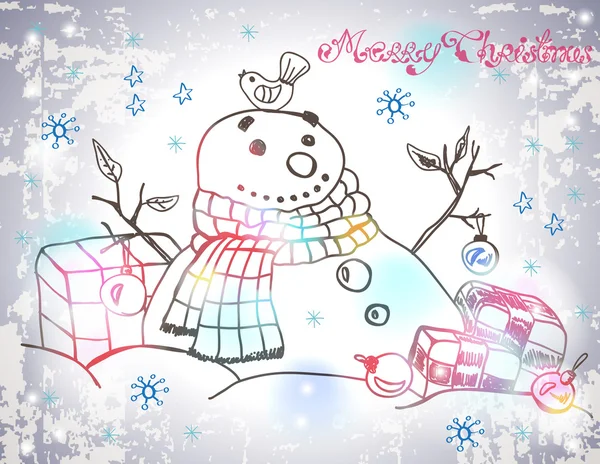 Kerstkaart voor xmas ontwerp met hand getrokken sneeuwpop — Stockvector