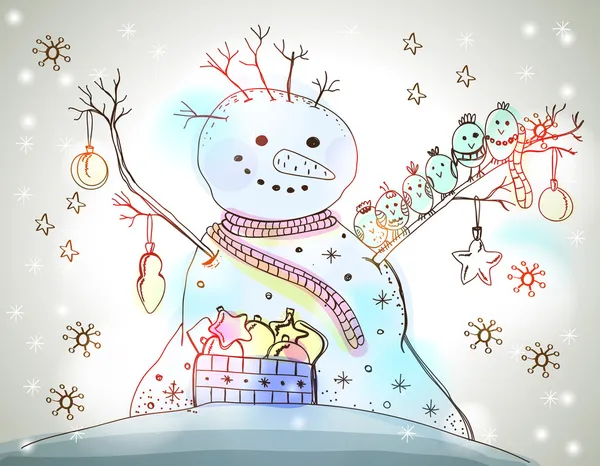Kerstkaart voor xmas ontwerp met sneeuwpop — Stockvector
