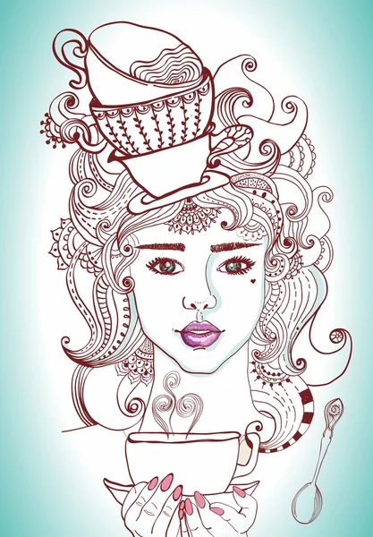 Ilustración de una hermosa niña y tazas de té — Vector de stock