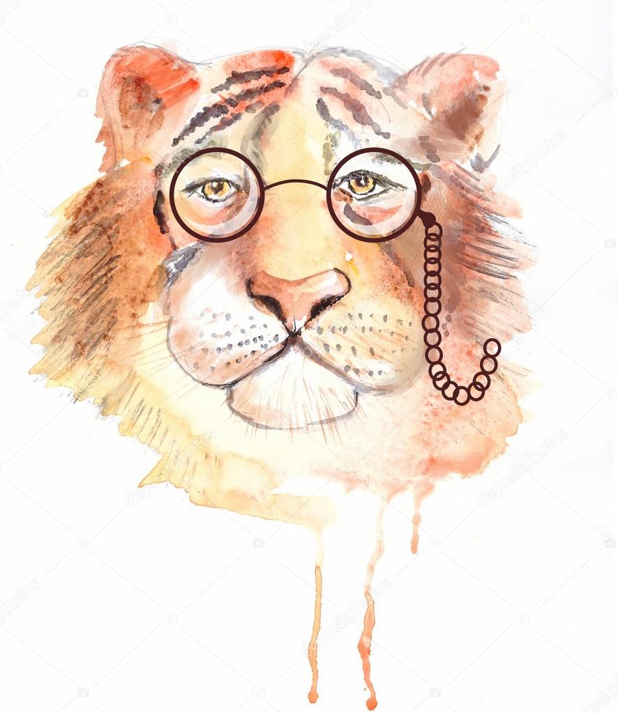 Watercolor tiger with eye-glasses