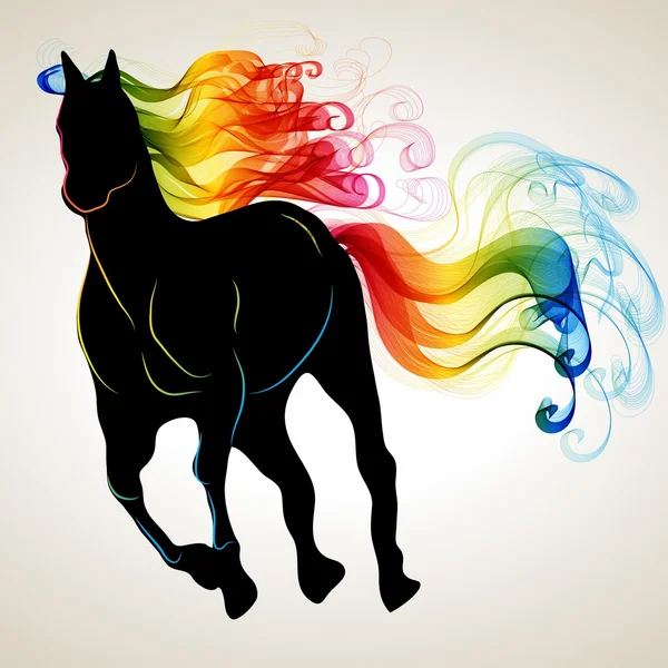 Gyönyörű futó ló fekete sziluettje, élénk színű abstr — Stock Vector
