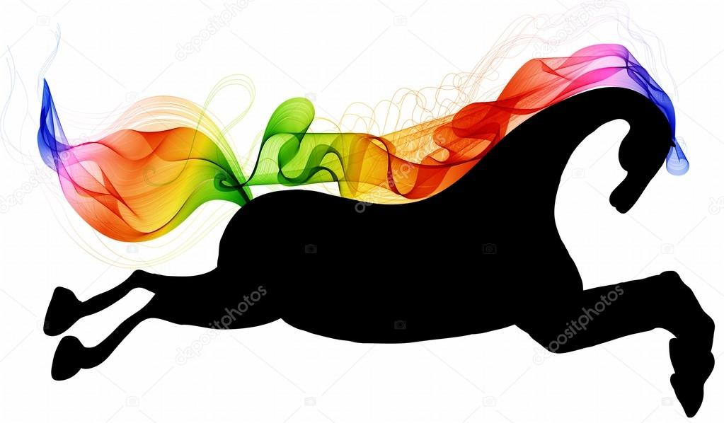 Beautiful running Horse black silhouette with bright color abstr