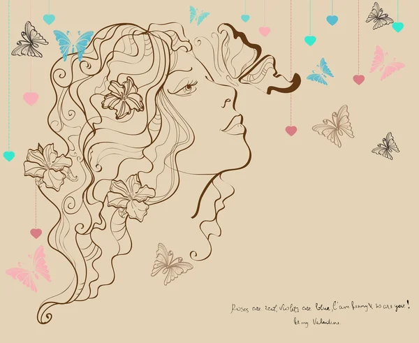 Hermosa mujer con mariposa y flores, Valentine illustrati — Vector de stock