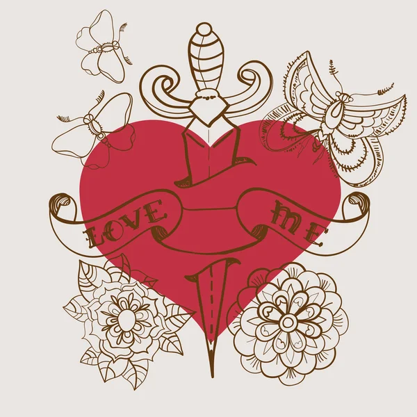 Cuore del tatuaggio in stile old-school con fiori e pugnale, San Valentino — Vettoriale Stock