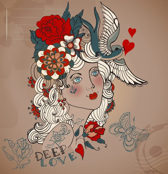 Old-school stijl tattoo vrouw, Valentijn illustratie — Stockvector