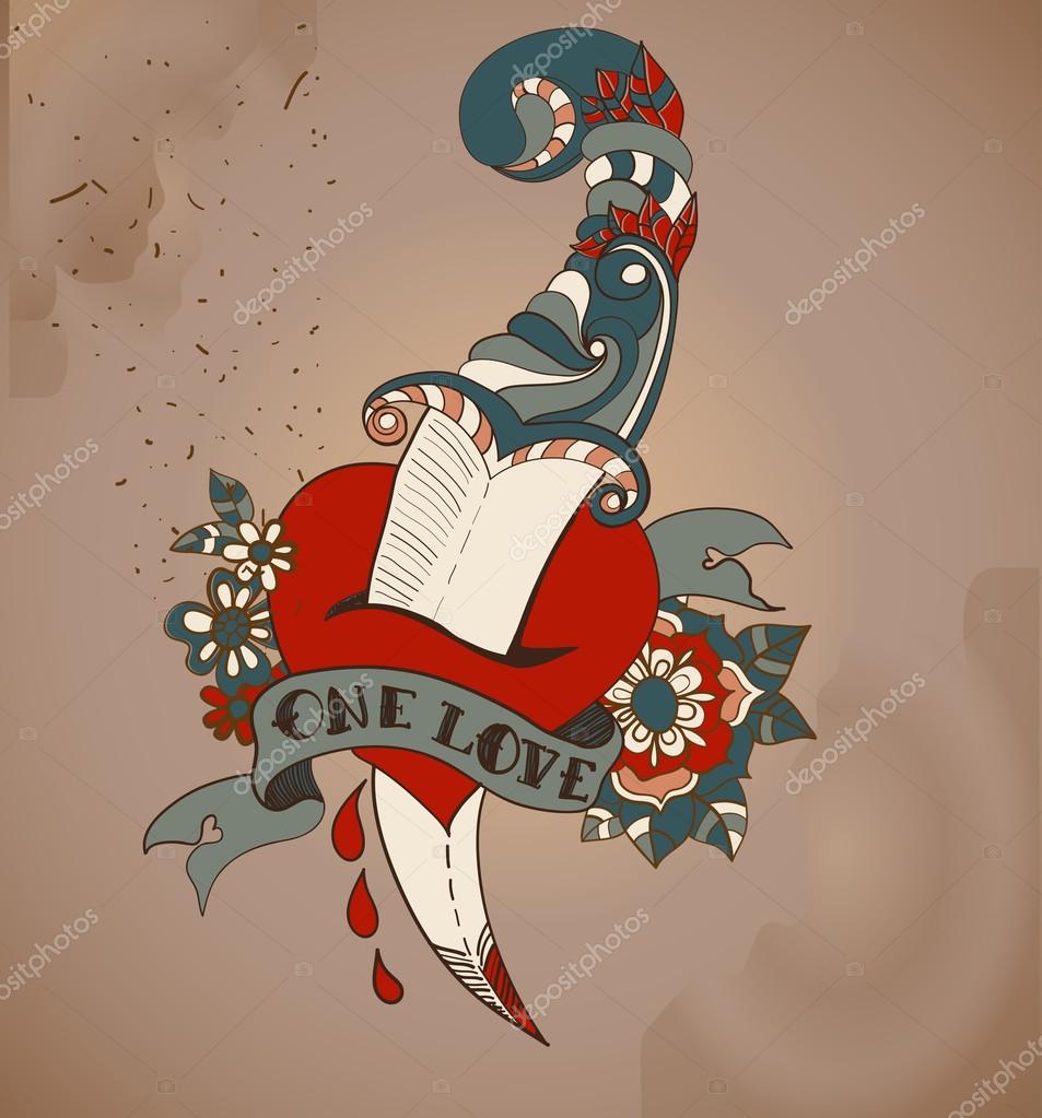old style tattoo heart with flowers and dagger valentine old style tattoo heart with flowers and dagger valentine