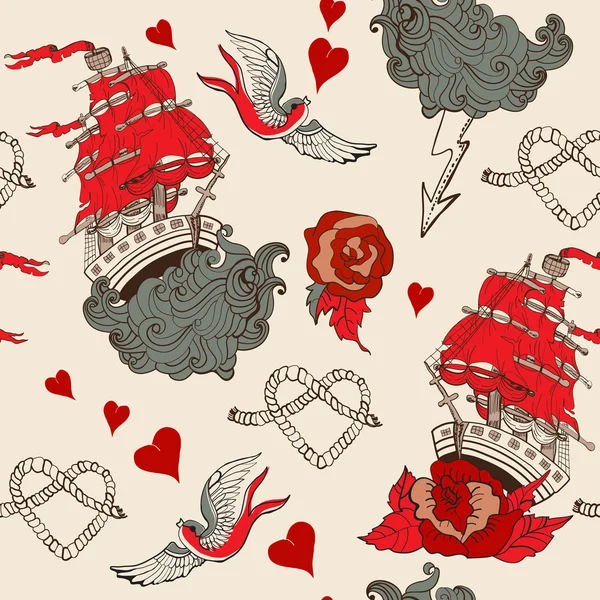 Sömlös vintage mönster med fartyget för valentine design — Stock vektor