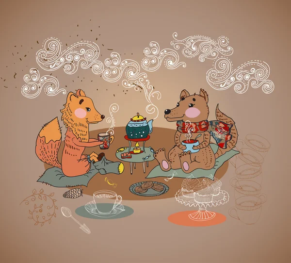 Cartoon renard et loup heure du thé — Image vectorielle