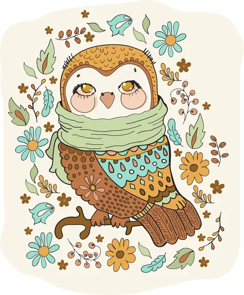 Hibou aux fleurs — Image vectorielle