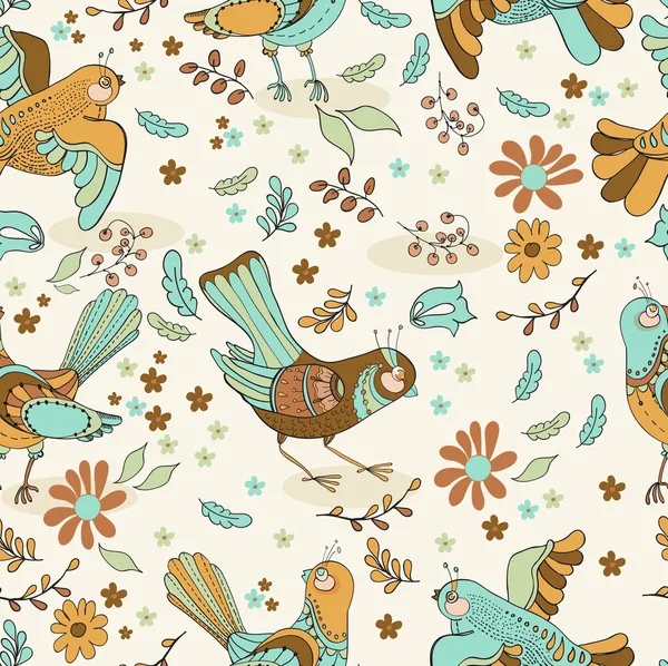Fond floral naturel sans couture avec des oiseaux — Image vectorielle