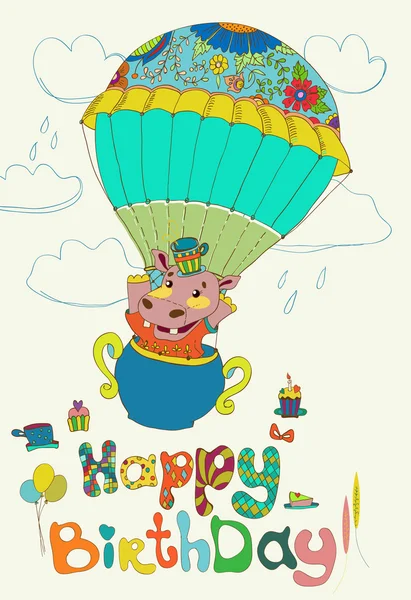 สุขสันต์วันเกิดพื้นหลังที่มีสีสันกับฮิปโปทามัสตลก — ภาพเวกเตอร์สต็อก