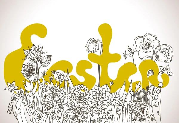 Великодній фон з розписом і дикими квітами — стоковий вектор