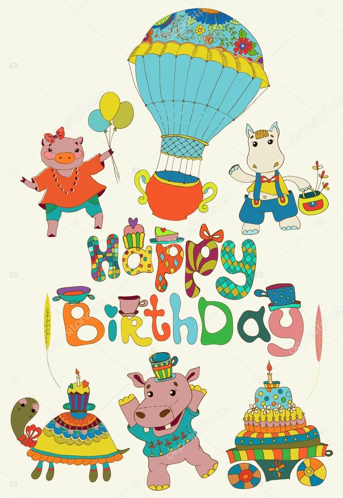 Happy birthday colorful background with funny animals