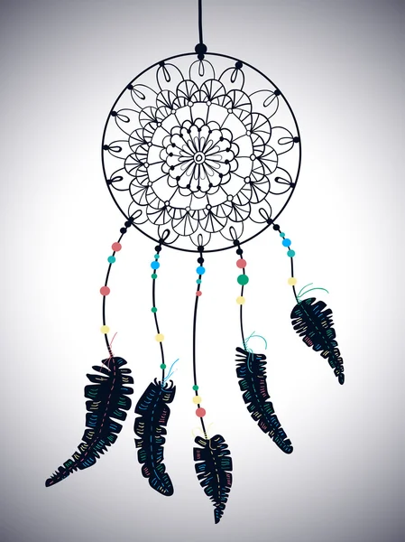 Kleur van Amerikaanse Indianen dreamcatcher met bird, veren en flora — Stockvector