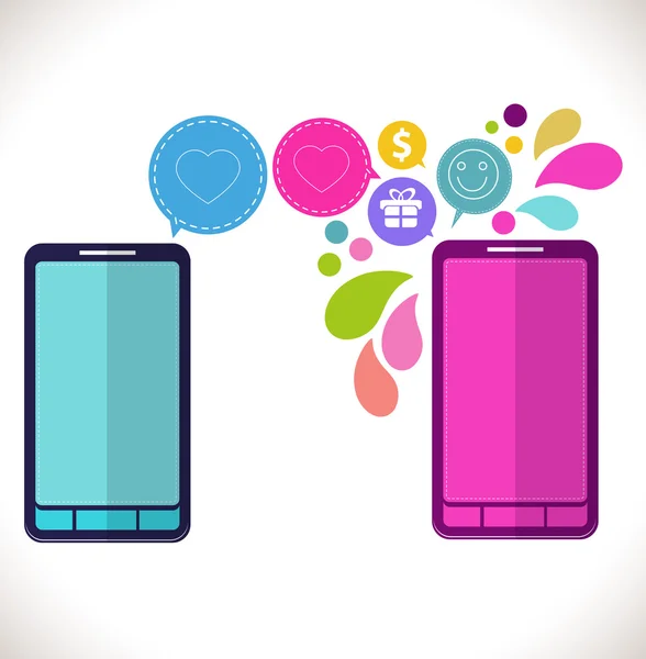 Мобильный телефон с иконками, Красочная концепция общения, любовь — стоковый вектор