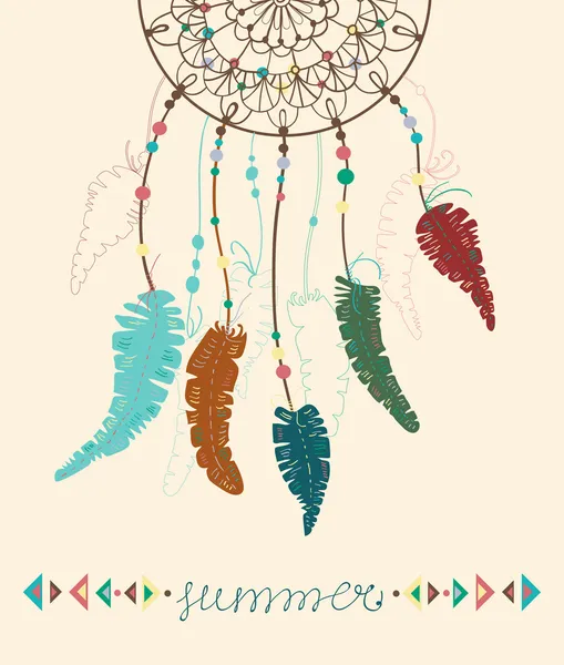 Kleur van Amerikaanse Indianen dreamcatcher met bird, veren en geome — Stockvector