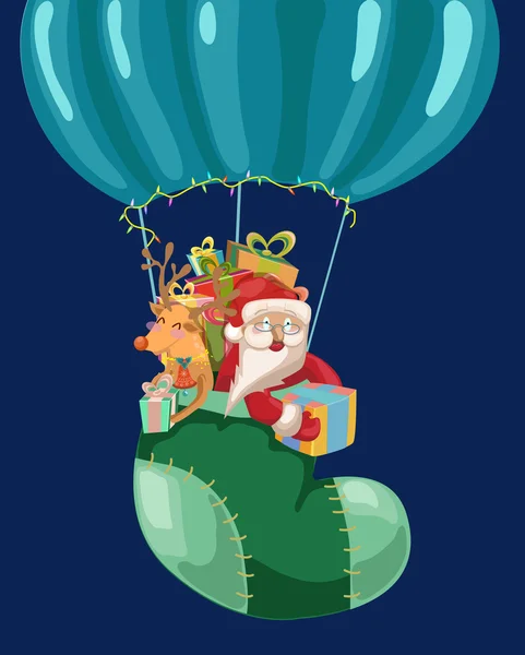 Grappige christmas achtergrondkleur met hete luchtballon met santa — Stockvector