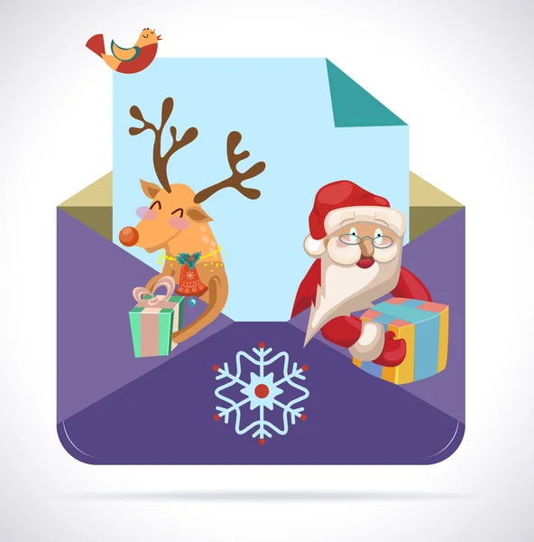 Рождественский конверт с Санта-Клаусом и олень с подарками — стоковый вектор