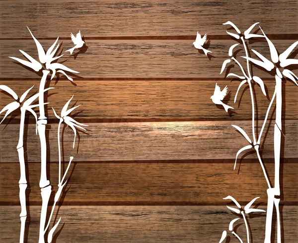 Bambu branco e pássaros sobre fundo de madeira —  Vetores de Stock