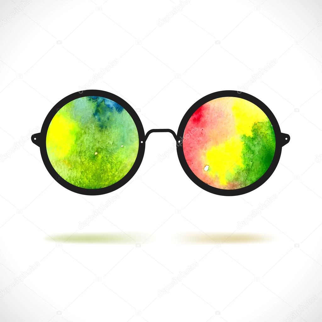 Sun glasses with reflection of colorful watercolor spots