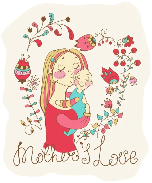 Fond de couleur avec mère et bébé et fleurs — Image vectorielle