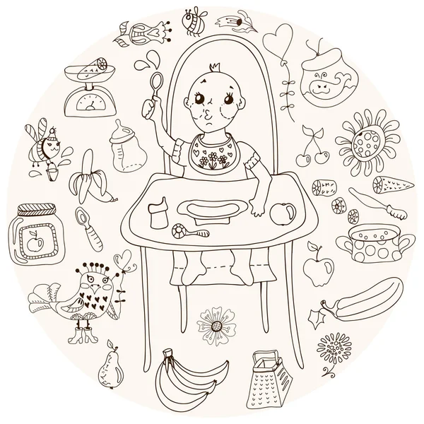 Alimentação do bebê, ilustração doodle — Vetor de Stock