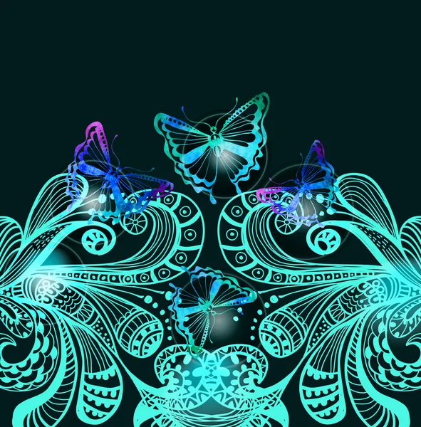 Fondo colorido con mariposa y adorno floral — Vector de stock