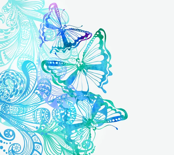 Fondo colorido con mariposa y adorno floral — Vector de stock