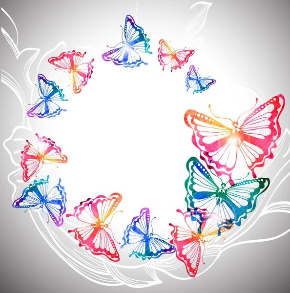 Farbenfroher Hintergrund mit Aquarell-Schmetterlingen und Blumenorna — Stockvektor