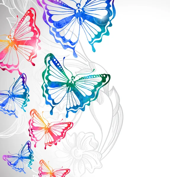 Sfondo colorato con farfalle acquerello e fiori — Vettoriale Stock