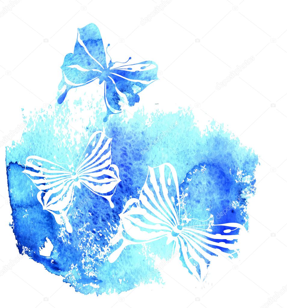 Bluel background with watercolor butterfly