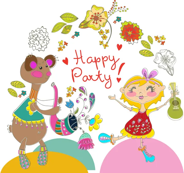 Fiesta a color de dibujos animados con oso y chica — Vector de stock