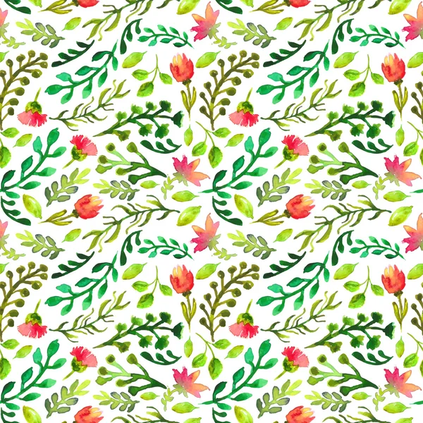 Muster mit grünen Blättern und roten Blüten — Stockfoto