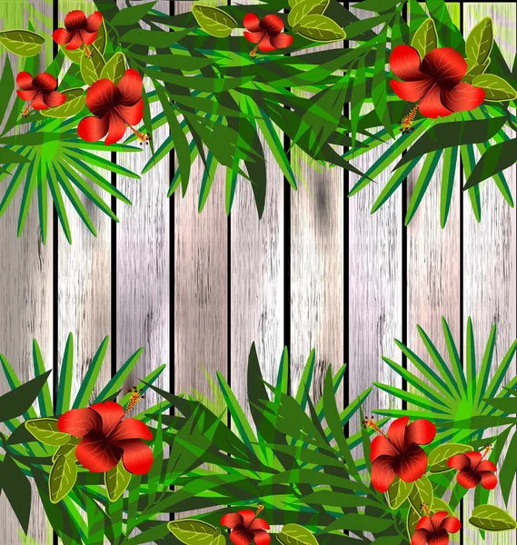 Tropical flowers and leaves over wood, bright illustration — Stock Vector