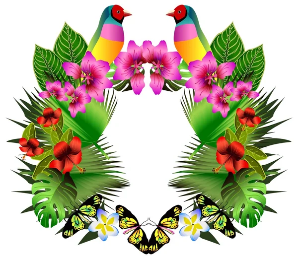 Tropische bloemen en bladeren en mooie vogel, heldere illustrat — Stockvector