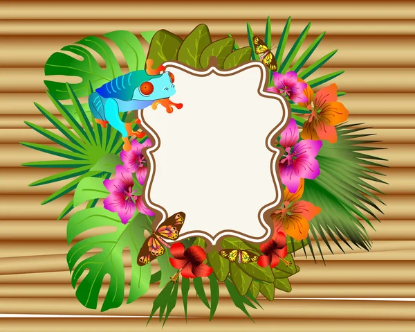 Trópusi virágok és levelek és a szép pillangó béka, br — Stock Vector