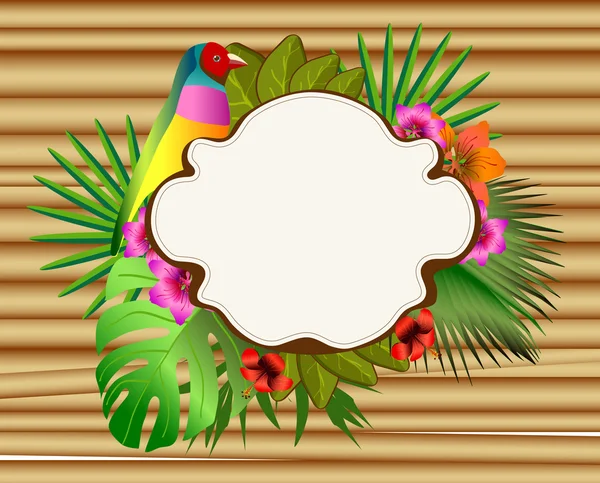 Trópusi virágok, levelek és gyönyörű madár, fényes illustrat — Stock Vector