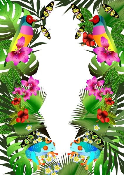 Fleurs et feuilles tropicales et beau papillon, oiseau et fr — Image vectorielle