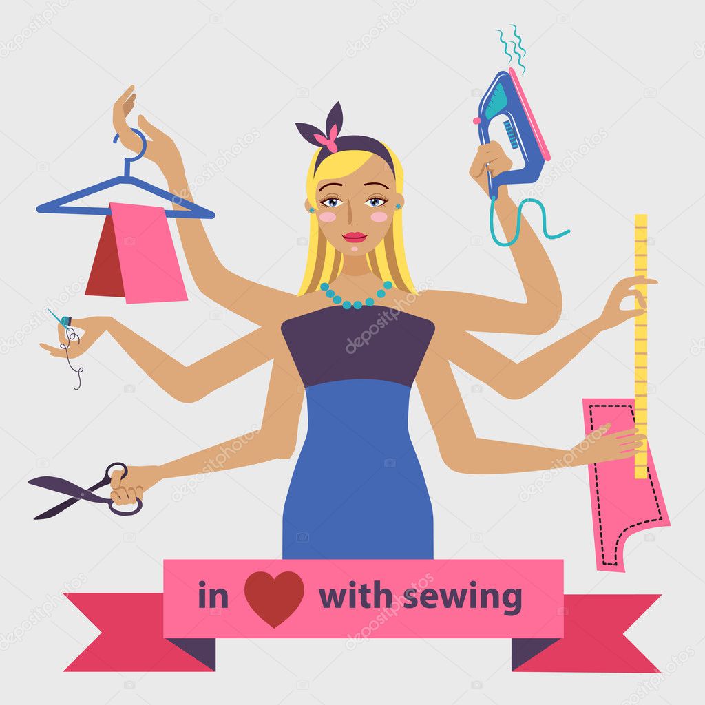 Sewing illustration with dressmaker and differnt tools