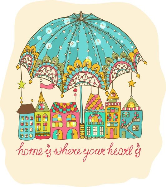 伞下的彩色卡通房子 — 图库矢量图片