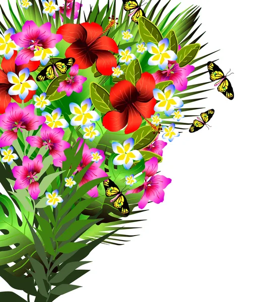 Barevné tropické květiny a listy pozadí — Stockový vektor