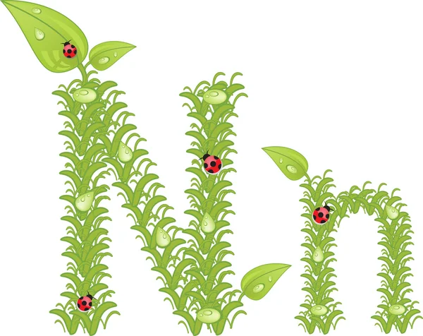 Alphabet écologique, lettre florale verte avec coccinelle, vecteur — Image vectorielle