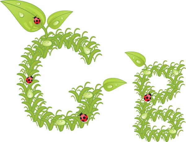 Alphabet écologique, lettre florale verte avec coccinelle, vecteur — Image vectorielle