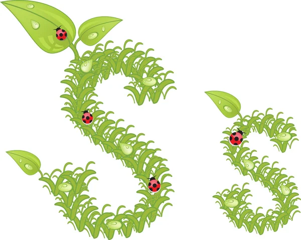 Alphabet écologique, lettre florale verte avec coccinelle, vecteur — Image vectorielle