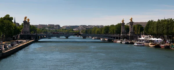 Nézd a oszlop a Pont Alexandre III Párizsban, a híres híd a Szajna folyón — Stock Fotó