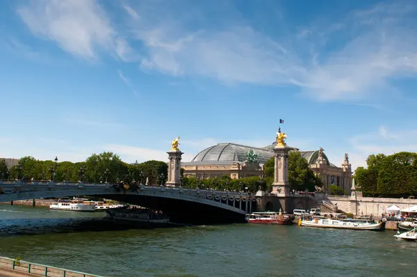 Vista sobre la columna del Pont Alexandre III en París, un famoso puente sobre el río Sena —  Fotos de Stock