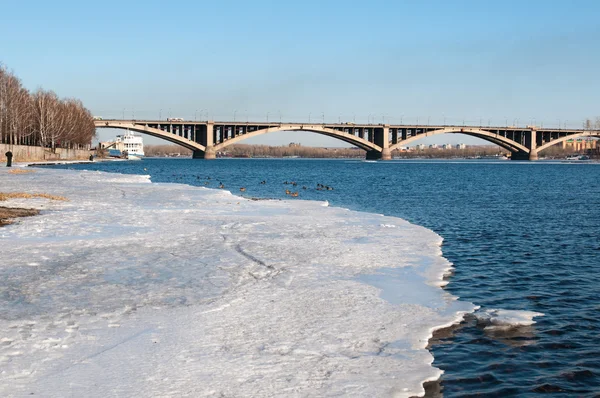 Krasnoyarsk görüntülemek ve enisei Nehri üzerinde köprü Telifsiz Stok Fotoğraflar